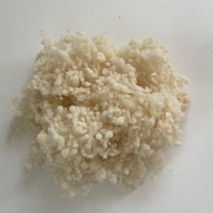 Könnte beinhalten: Nahaufnahme eines Haufens roher, cremefarbener Wolle. Die Wolle hat ein flauschiges, strukturiertes Aussehen mit einer leicht unebenen Oberfläche. Die Fasern sind dicht gepackt und bilden eine wolkenartige Form. Diese Wolle ist wahrscheinlich für Bastel- oder Textilzwecke bestimmt.