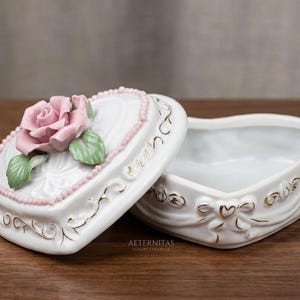 Romantic Vintage Ceramic Heart Box, Shabby Chic Pink Rose Trinket Dish