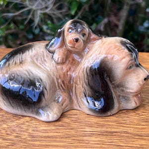 Vintage Basset Hound Mother Puppy Ceramic Figurine, Dog Lover Nursery Decor