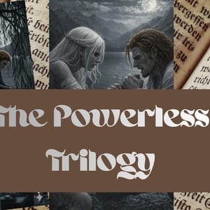 Könnte beinhalten: Ein Buchcover-Design mit drei Graustufen-Illustrationen. Das zentrale Bild ist ein braunes Oval mit dem Text "The Powerless Trilogy" in weißer, stilisierter Schrift. Der Hintergrund enthält Bilder von Menschen und alten Buchseiten.