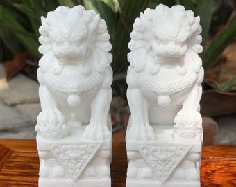 Pair of White Marble Foo Dogs, Chinese Guardian Lions Statue,Feng Shui Protection Decor for Home Office, Elegant Housewarming & Wedding Gift