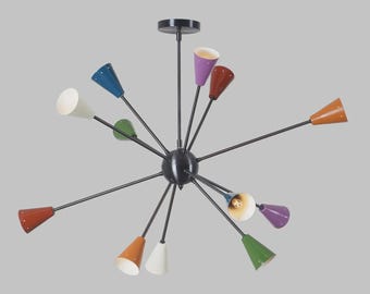 Mid-Century-Modern-Kronleuchter im Sputnik-Stil, mehrfarbige Pendelleuchte im Atom-Design, farbenfrohe Deckenleuchte mit Kegelschirm