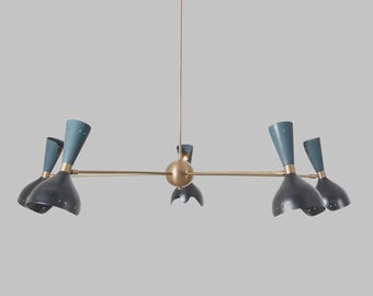 Kronleuchter aus Messing im Mid-Century-Stil, mehrarmige Pendelleuchte in Schwarz und Türkis, skulpturale Deckenleuchte im Atom-Stil, Retro-Dekor