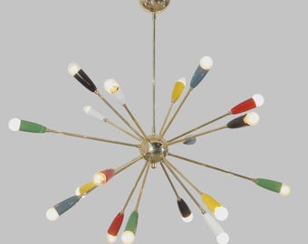 Mid-Century-Modern-Kronleuchter im Sputnik-Stil, mehrfarbige Pendelleuchte aus Messing im Atom-Design, farbenfrohe Sternen-Deckenleuchte