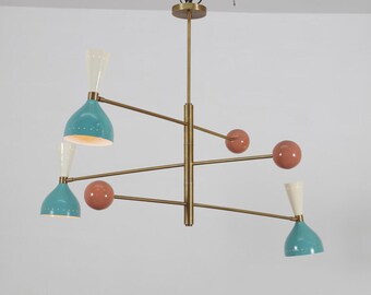 Kronleuchter aus Messing im Mid-Century-Modern-Stil, Pendelleuchte im Sputnik-Design, Deckenleuchte mit türkisfarbenem Kegelschirm, Retro-Beleuchtung