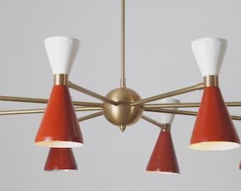 Kronleuchter aus Messing im Mid-Century-Modern-Stil, Pendelleuchte mit rotem Kegelschirm, mehrarmige Sputnik-Deckenleuchte, Retro-Beleuchtung