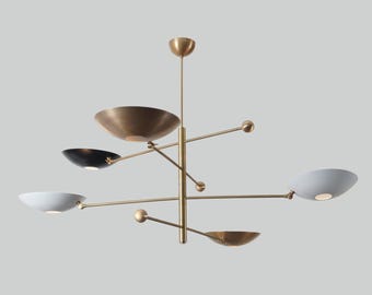 Moderner Messing-Kronleuchter, mehrarmige Pendelleuchte im Mid-Century-Stil, skulpturale Deckenleuchte mit Schalenschirm, Esszimmerbeleuchtung