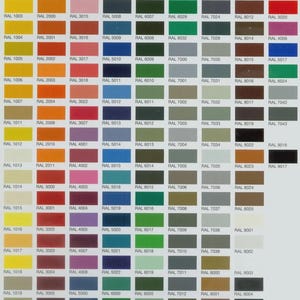 May include: A color chart featuring a wide array of RAL colors, each identified by a unique code. The chart displays a spectrum of hues, from vibrant reds and blues to earthy greens and browns, ideal for paint selection.