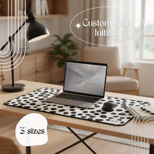Personalized Desk Mat | Black and White Polka Dot Desk Pad | Custom Initials Mouse Pad | Aesthetic Office Desk Mat
