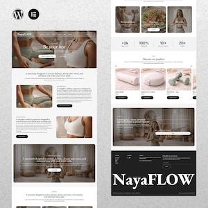 May include: A website design for NayaFLOW, featuring a clean, minimalist aesthetic. The layout includes images of yoga and wellness products, along with text promoting the brand's offerings. The color scheme is primarily black and white with neutral tones.
