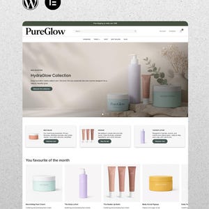 Può includere: Mockup di sito web per i prodotti per la cura della pelle PureGlow. La pagina presenta un banner HydraGlow Collection, espositori di prodotti e una sezione "You favourite of the month". I prodotti includono crema viso, lozione per il corpo, balsamo per le labbra e scrub corpo.
