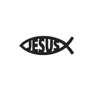May include: Black fish symbol with the word "JESUS" in the center. The fish is a Christian symbol, and the text is in a bold, sans-serif font. The image is on a white background.