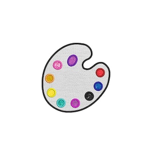 Puede incluir: Una paleta de artista blanca con un contorno negro, llena de círculos de pintura coloridos y brillantes. La paleta tiene un agujero para el pulgar y está diseñada para sostener y mezclar pinturas. Los colores incluyen rosa, amarillo, turquesa, morado, rojo, azul y negro.