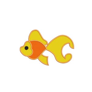 以下が含まれることがあります： 金魚の様式化されたイラスト。 魚は黄色い体とオレンジ色のアクセント、黒い目を特徴としています。 デザインは漫画のような美学で、シンプルでクリーンなアウトラインです。