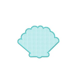 May include: A light blue seashell-shaped design with a scalloped edge. The interior has a textured appearance, and the outline is a darker shade of blue. The design is set against a white background.