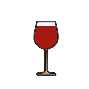May include: A stylized wine glass filled with red liquid. The glass has a black outline, a brown base, and a long stem. The red liquid fills the bowl of the glass, suggesting a full pour.