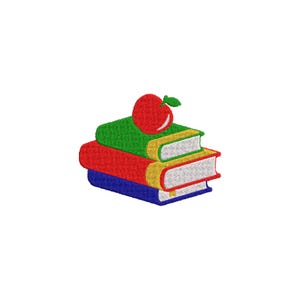 May include: An embroidered design featuring a stack of three books in red, green, and blue, topped with a red apple with a green leaf. The books have yellow and white accents, suggesting a school or education theme.