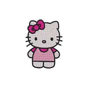 May include: Embroidered image of a cartoon cat with a pink bow, pink shirt, and black whiskers. The cat has a gray face and a small black nose and eyes. The image is a cute and simple design.