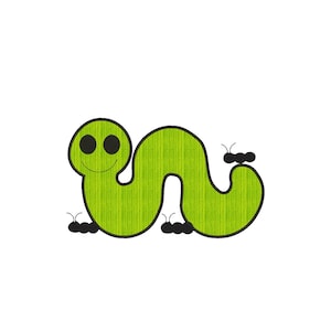 May include: A whimsical cartoon worm in bright green with a textured appearance. The worm has a smiling face with black eyes and a black outline. Small black feet are visible. The background is plain white.
