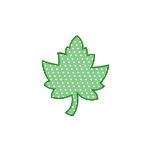 May include: A green leaf-shaped design with a white polka dot pattern. The leaf has a dark green outline and a stem. The design is set against a white background.