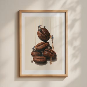 Coffee Bean Wall Art, Tiny Workers Poster, Quirky Kitchen Print, Brown Cafe Decor