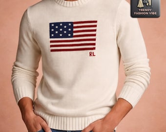 Authentic Ralph Lauren Cream US Flag Polo Sweater Knit Crewneck