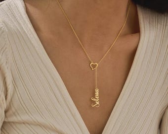 Custom Name Lariat Necklace with Heart, Personalized Vertical Name Jewelry,  Color Gold, silver   Rose Gold , Dainty Necklace, For Women
