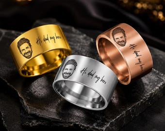 Personalized Engraved Ring for Dad, Custom Photo Signet , Father’s Day Gift for Him, Mens Stainless Steel Loop ,Surprise from Son Daughter