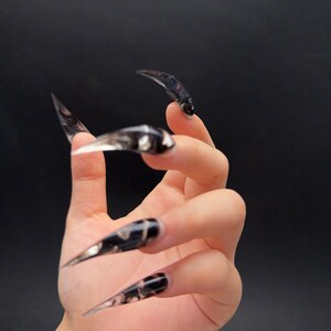 Black Marble Dragon Claw Press On Nails, Long Stiletto Beast Cat Claw Nails, Gothic Dark Feminine Minimalist Statement Nails