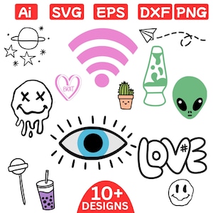Y2K Doodle Svg Bundle – 10+ Cute Trendy Clipart Designs, Alien Evil Eye Smiley, Png Dxf Eps Ai Files for Cricut Silhouette