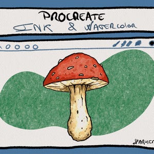 Könnte beinhalten: Digitale Illustration eines rot gekappten Pilzes mit weißen Punkten, vor einem grünen Hintergrund in einer digitalen Oberfläche. Der Text "Procreate Ink & Watercolor" wird oben angezeigt. Das Kunstwerk hat einen strukturierten, handgezeichneten Stil.