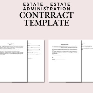 Puede incluir: Una plantilla para contratos de administración de sucesiones. El texto "ESTATE ADMINISTRATION CONTRACT TEMPLATE" está en la parte superior. Debajo hay varias páginas blancas con texto, incluyendo "Affidavit of Domicile" y "Assignment of Estate".