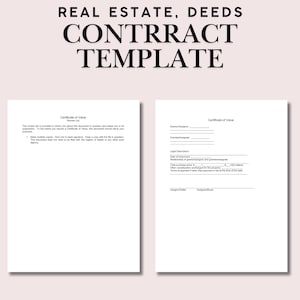 Pode incluir: Dois documentos em papel branco com texto, rotulados como "Certificado de Valor", são exibidos em um fundo rosa claro. A parte superior da imagem diz "REAL ESTATE, DEEDS CONTRRACT TEMPLATE" em texto preto.