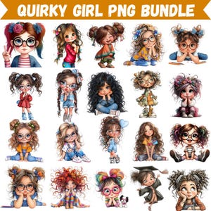 May include: A digital art bundle featuring various illustrations of quirky girls. Each girl is depicted with unique hairstyles, glasses, and outfits. The text "QUIRKY GIRL PNG BUNDLE" is at the top of the image.