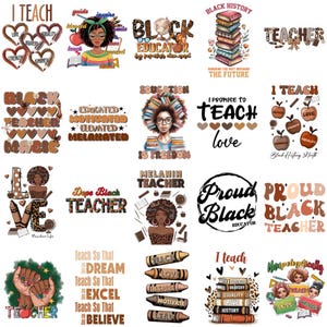 Puede incluir: Una colección de diseños gráficos con texto e ilustraciones relacionadas con la enseñanza y la historia negra. Los diseños incluyen frases como "I Teach", "Black Educator" y "Proud Black Teacher", junto con imágenes de libros, manzanas y retratos diversos.