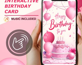 Tarjeta interactiva de cumpleaños para niña, sorpresa de cumpleaños animada rosa con música.