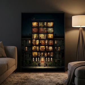 Könnte beinhalten: Ein gerahmter Druck eines mehrstöckigen Gebäudes mit beleuchteten Fenstern, die detaillierte Innenszenen zeigen. Das Kunstwerk zeigt eine dunkle Fassade mit einer roten Tür, die einen warmen Kontrast erzeugt. Der Druck wird in einem Wohnzimmer präsentiert.