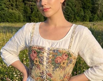 Corsetto rinascimentale da donna – Corpetto con arazzo floreale, top medievale con lacci, costume per fiere rinascimentali