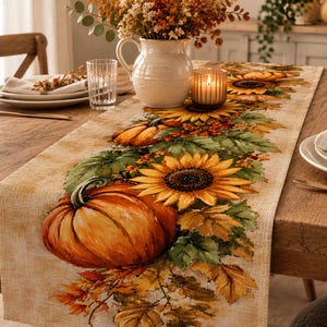 Peut inclure: Un chemin de table rectangulaire orné d'un motif imprimé de citrouilles orange, de tournesols jaunes et de feuilles d'automne vertes sur un tissu beige clair. Le chemin est disposé sur une table en bois avec des couverts et un vase central.