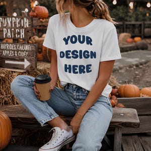 Pumpkin Patch T-Shirt Mockup PNG, Fall Farm White Tee Mockup, Woman Shirt Mockup for Etsy POD