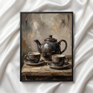 May include: A framed still life painting depicting a tea set. The artwork shows a dark brown teapot, two teacups with saucers, and a wooden table. The background has neutral tones with visible brushstrokes.