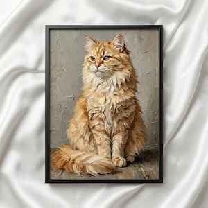 May include: A framed art print of a fluffy orange cat with a long tail. The cat is sitting upright, with a textured gray background and a wooden floor. The artwork is in a black frame.
