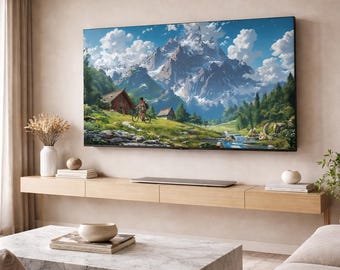 May include: A large, flat-screen television displays a scenic landscape of mountains, a river, and a person riding a bicycle. The TV is mounted on a light wood cabinet with a minimalist design. The room features a marble coffee table and neutral-toned decor.