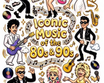 80s & 90s Music Coloring Pages Printable – Retro Pop Rock Inspired – 36 Iconic Illustrations