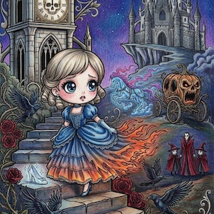 May include: A colored illustration featuring a large-eyed character in a blue and orange dress descending stone stairs. The scene includes a clock tower with a skull clock face, a castle, a pumpkin carriage, black ravens, red roses, and a glass slipper.