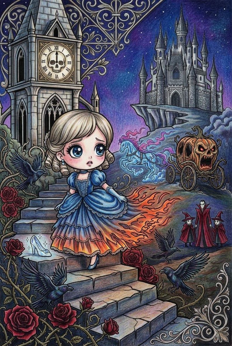 May include: A colored illustration featuring a large-eyed character in a blue and orange dress descending stone stairs. The scene includes a clock tower with a skull clock face, a castle, a pumpkin carriage, black ravens, red roses, and a glass slipper.
