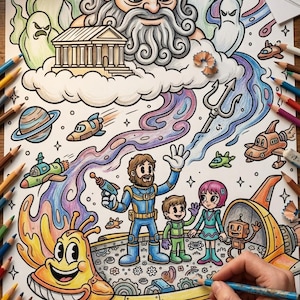 May include: A colorful, whimsical illustration featuring a space-themed scene with cartoon characters, planets, and spaceships. The artwork is filled with vibrant colors and details, including a depiction of Zeus and a trident. Colored pencils surround the image.