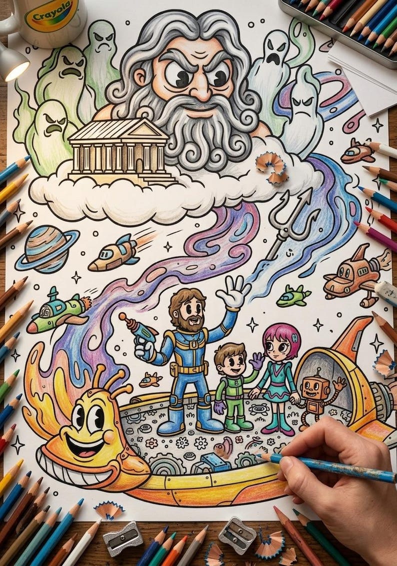 May include: A colorful, whimsical illustration featuring a space-themed scene with cartoon characters, planets, and spaceships. The artwork is filled with vibrant colors and details, including a depiction of Zeus and a trident. Colored pencils surround the image.