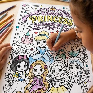 May include: A "Kawaii Princess Coloring Book" is being colored with a blue pencil. The coloring book features illustrations of several cartoon princesses. Colored pencils and markers are scattered around the book on a wooden surface.