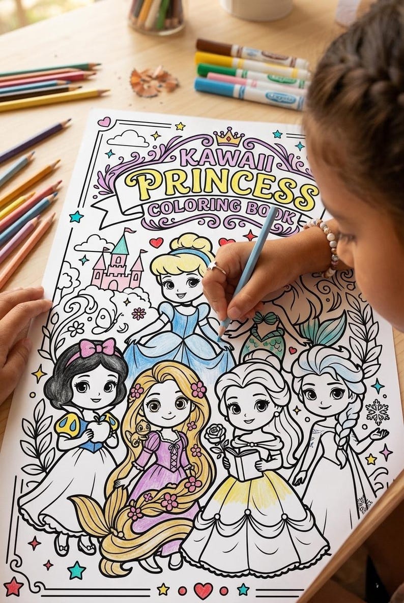 May include: A "Kawaii Princess Coloring Book" is being colored with a blue pencil. The coloring book features illustrations of several cartoon princesses. Colored pencils and markers are scattered around the book on a wooden surface.